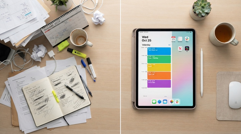 Side-by-side comparison of chaotic paper notes next to a tablet with automated daily schedules.