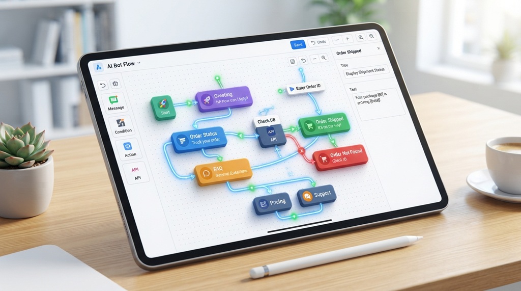 Visual visual decision tree workflow interface for a simple no-code chatbot.