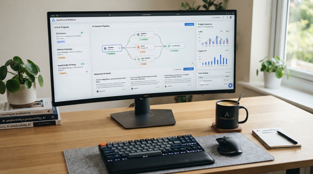 Desktop monitor displaying organized ai content output next to coffee cup.