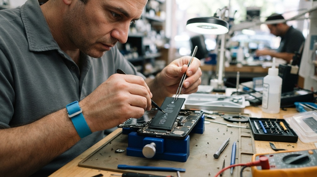 A man carefully removing a lithium battery from a damaged cell phone.