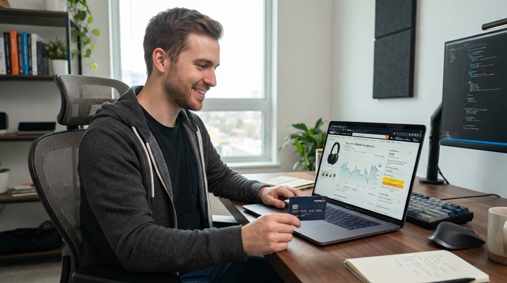 A man using a laptop to set up automated price alerts for tech gadgets.