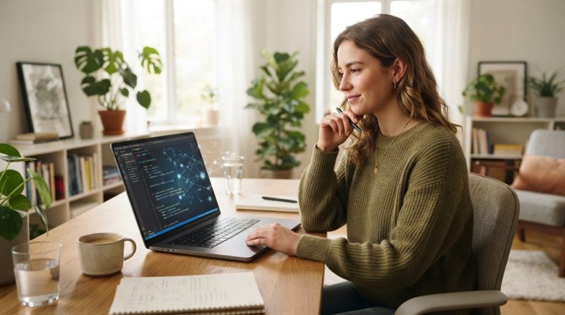Woman sitting at desk reviewing Python code on laptop for machine learning setup.
