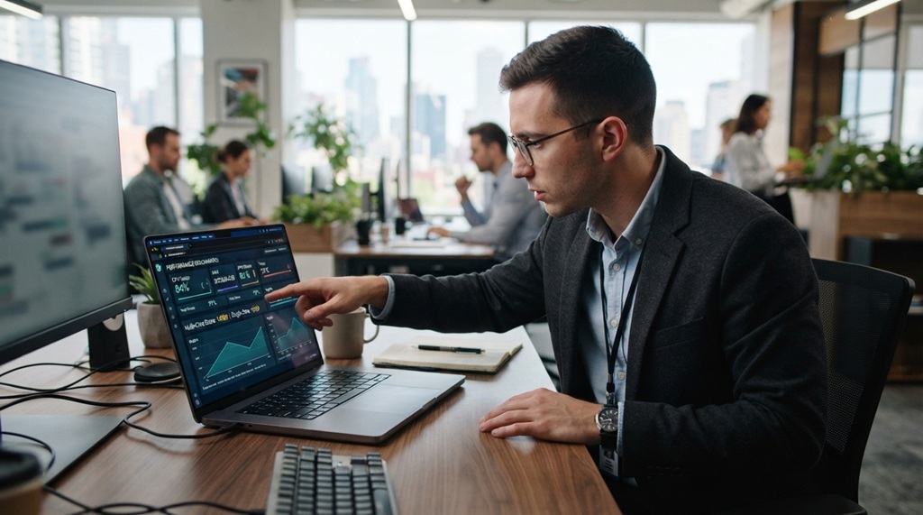 A man examining laptop screen performance specifications in a bright office environment.