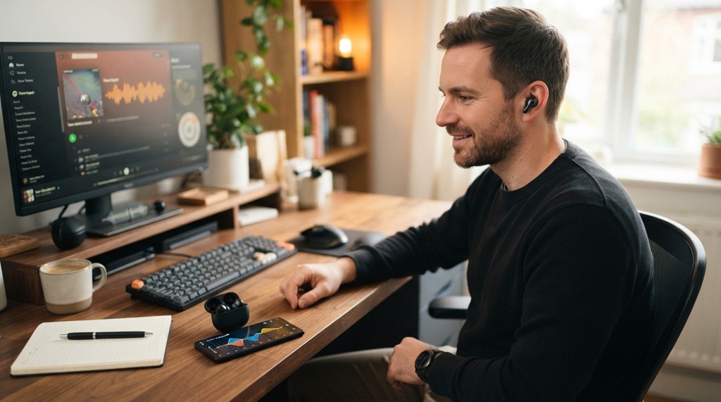 Smartphone displaying equalizer graph next to wireless earbuds on desk.