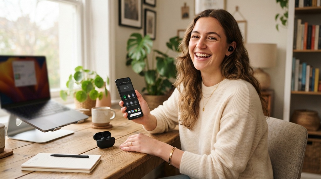 A woman testing wireless earbuds for sound quality and fit with a smartphone.
