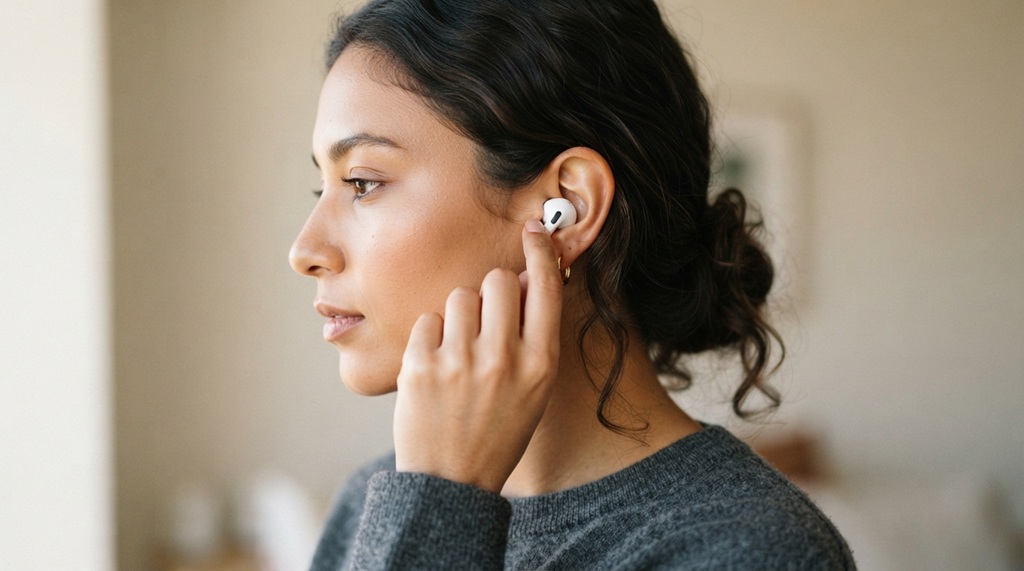 Woman adjusting wireless earbud positioning for proper seal and fit.