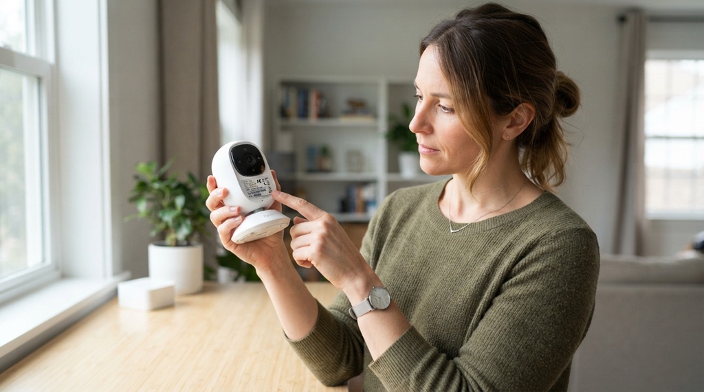 Woman holding a smart security camera to inspect device specifications.