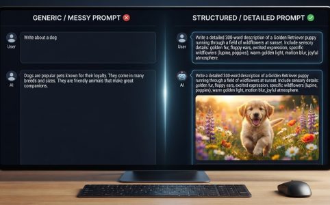 Laptop showing structured prompt text generating accurate ai outputs on screen.