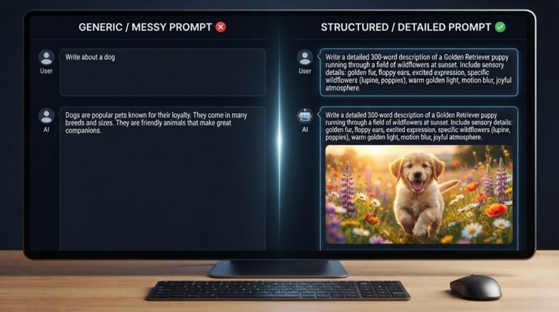 Laptop showing structured prompt text generating accurate ai outputs on screen.