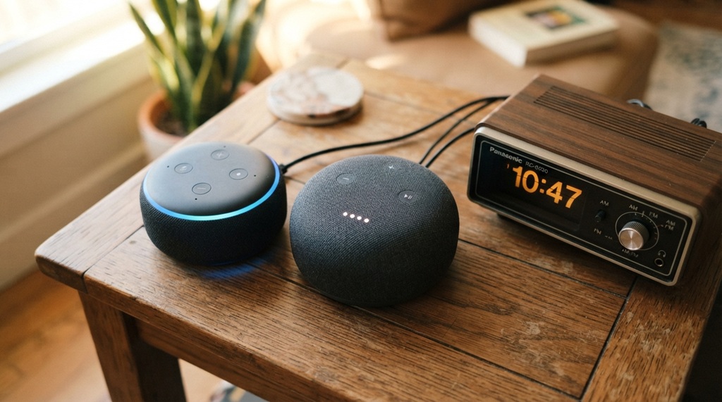 Two smart speakers sitting on a table next to a vintage audio player.