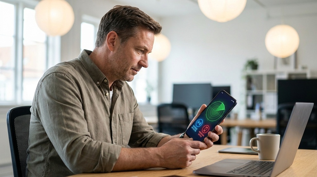 A male user checking a smartphone radar app for hidden trackers.