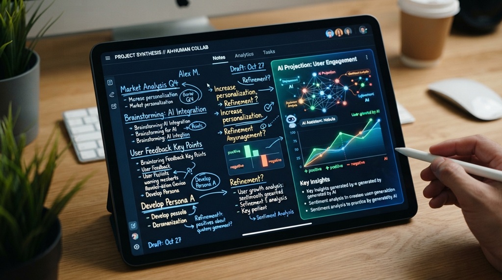 A digital screen displaying human text notes blending with modern AI graphics.