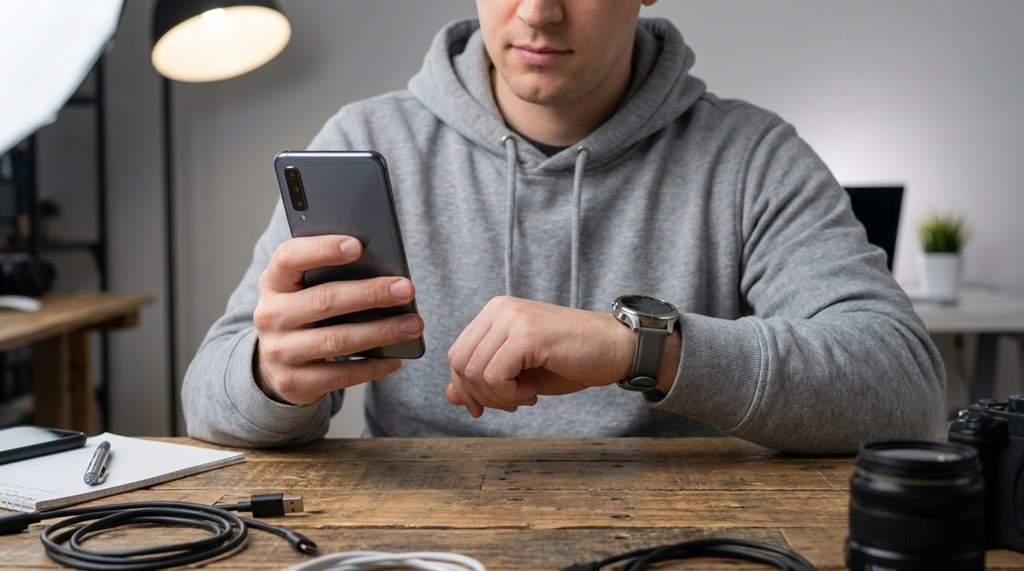 A tech reviewer inspecting a smartphone and smartwatch on a wooden desk.