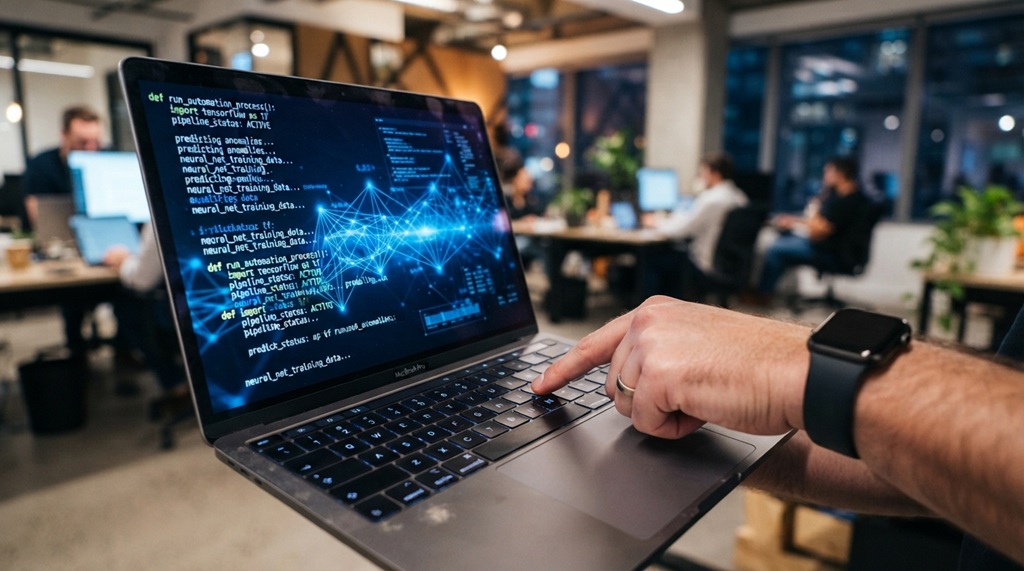 A male hand typing on a laptop displaying smart AI task automation workflows.