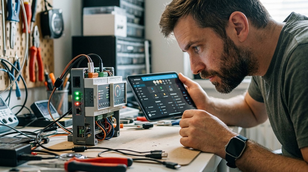A male tech enthusiast evaluating smart home devices on a desk.
