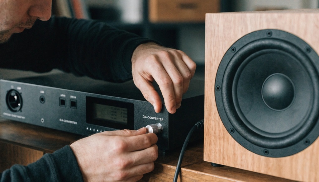 A man connecting a digital audio converter to a modern home speaker setup.
