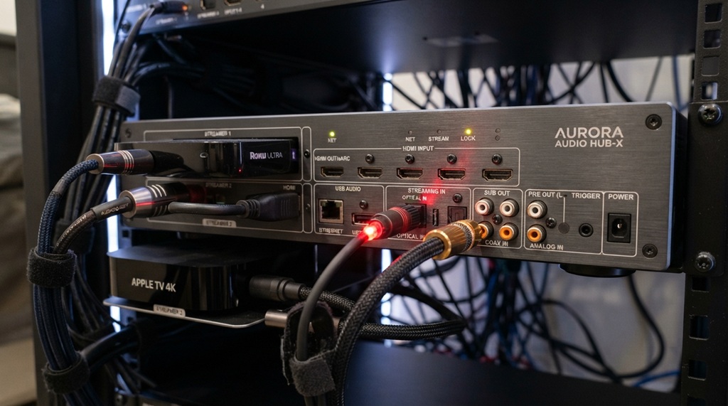 Close-up of a modern smart audio receiver unit with modular digital connection ports and cables.