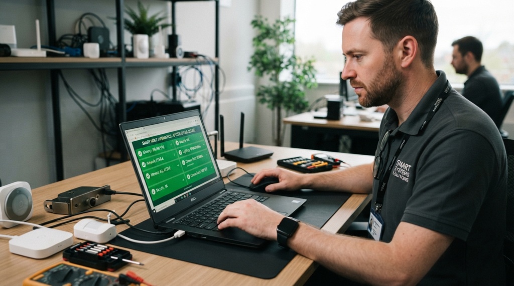 A male technician running software diagnostic scans on modern laptop devices.