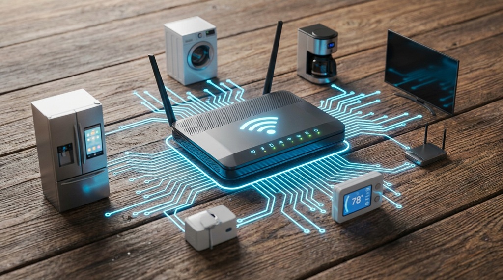 A glowing Wi-Fi router transmitting secure signals to connected household smart appliances.