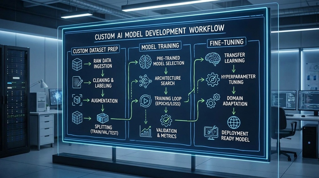 Workflow diagram illustrating steps to fine-tune custom AI models for specialized tasks.