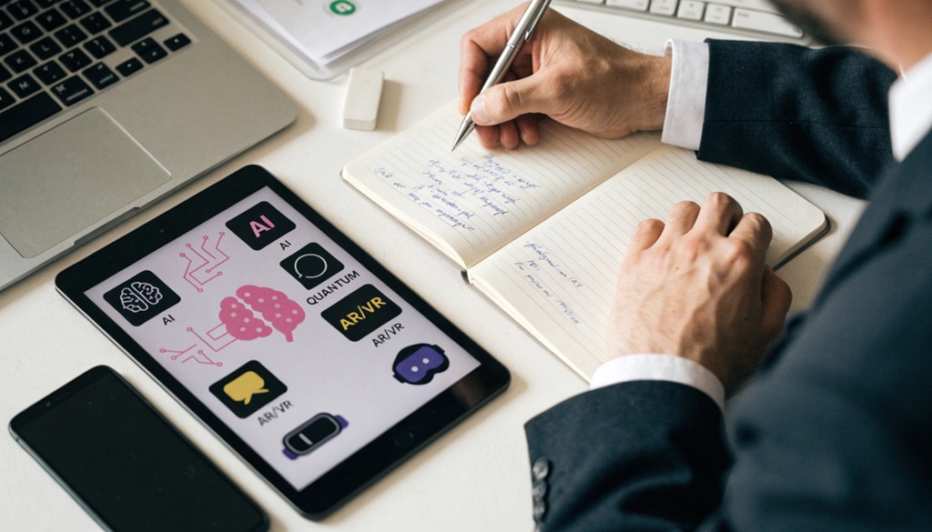 A man taking notes beside a digital tablet showing emerging tech concepts.