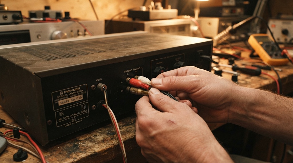 Connecting red and white audio cables to the back of a vintage cassette deck.
